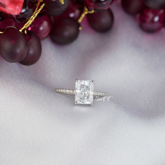 NEW 925 STERLING SILVER RADIANT CUT WEDDING ENGAGEMENT DIAMOND RING - Picture 6 of 6